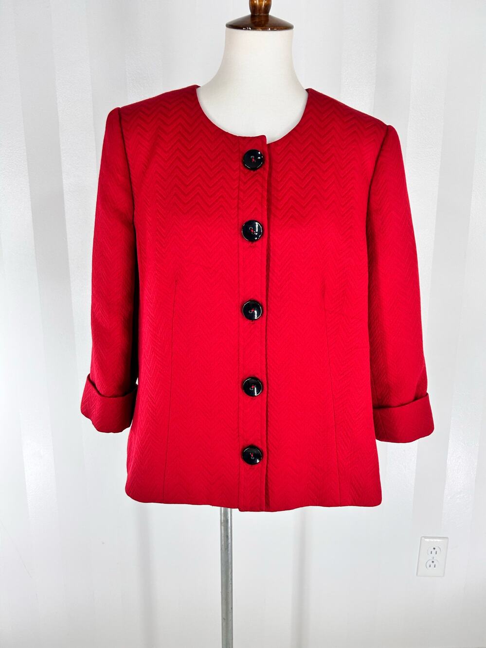 Josephine Chaus Red Textured Jacket Blazer 3/4 Sleeve Button Front Lined Sz 14